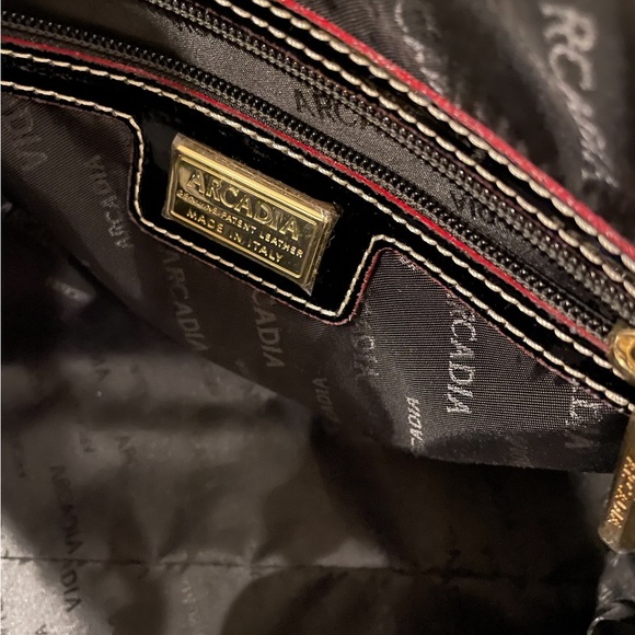 Black, embossed  patent leather tote w/ red trim. Beautiful work bag. - Picture 2 of 5